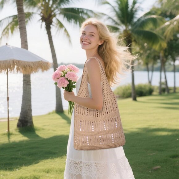 Women Brownish Yellow Shoulder Shopping Handbag Casual Travel Tote Fold Able Bag - Picture 4 of 7